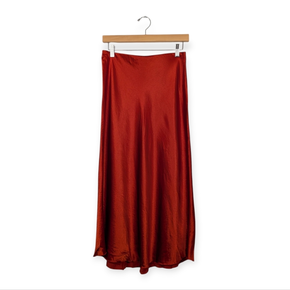 Vince Red Orange Satin Bias Pull On Midi Slip Skirt Size S